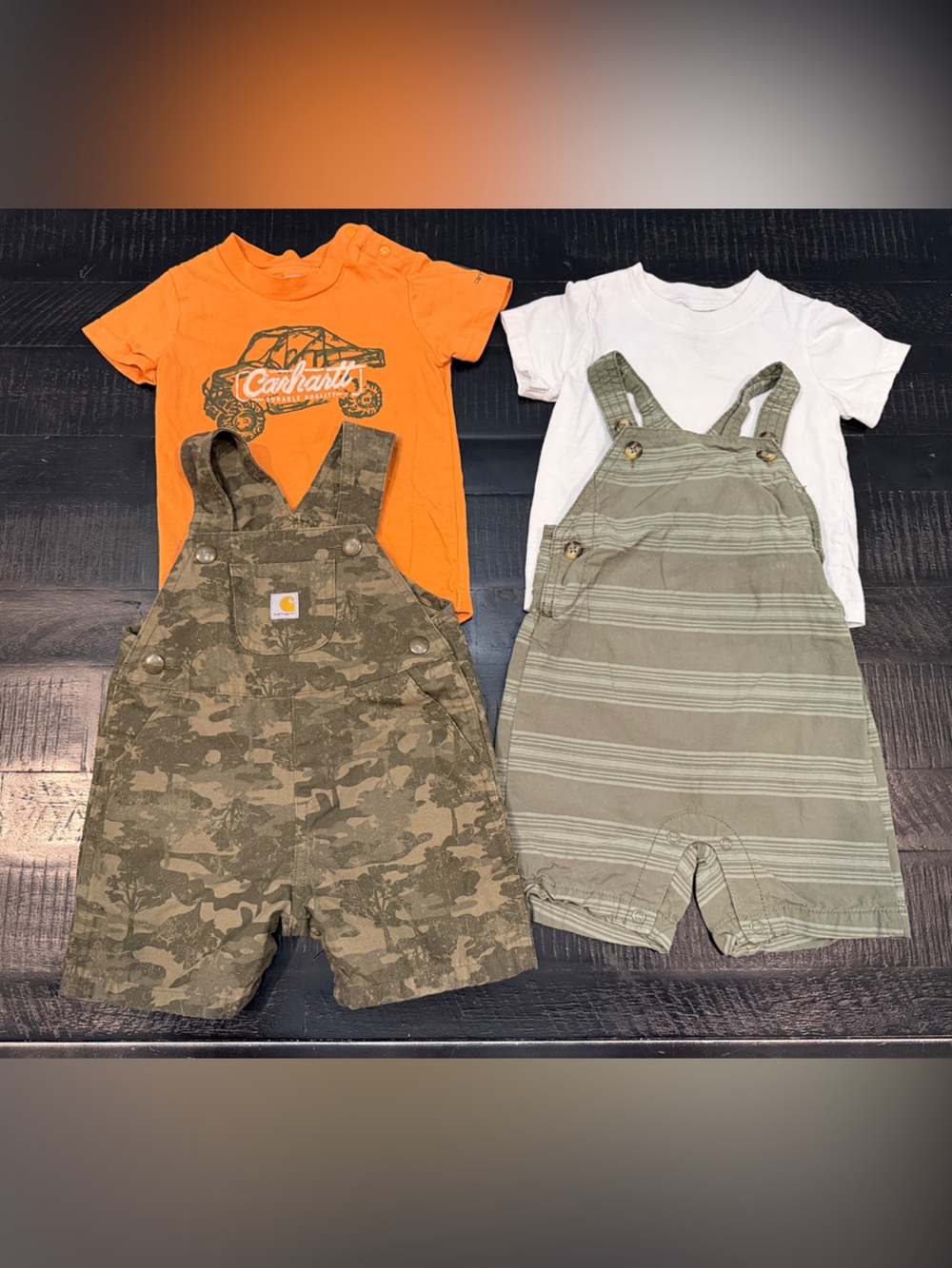 Carhartt Orange Tee with Green Camo Overalls